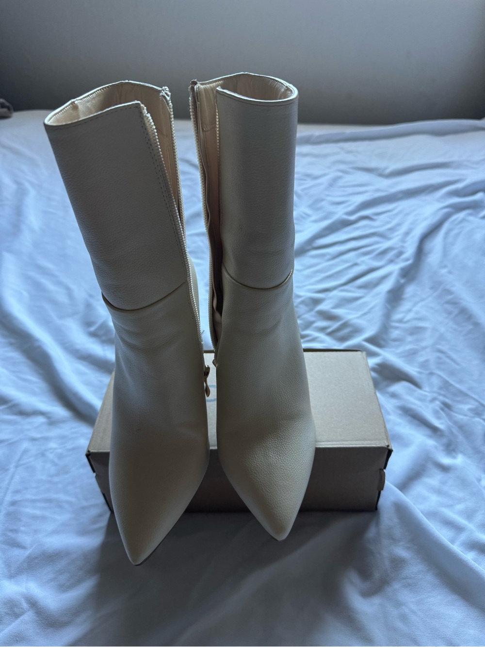 Lulu's Cream Pointed Toe Mid-Calf Heeled Boots
